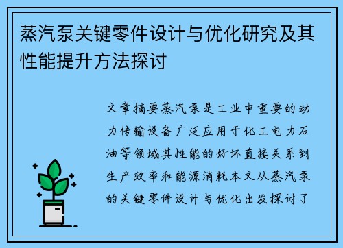 蒸汽泵关键零件设计与优化研究及其性能提升方法探讨